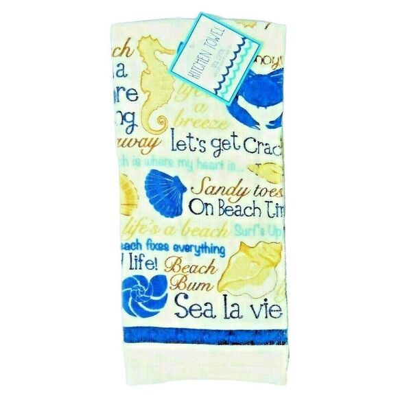 Ritz Nautical Sea Life Beach Kitchen Towels Cotton Sea Horse Shells Crab 2-Pc - Picture 1 of 2